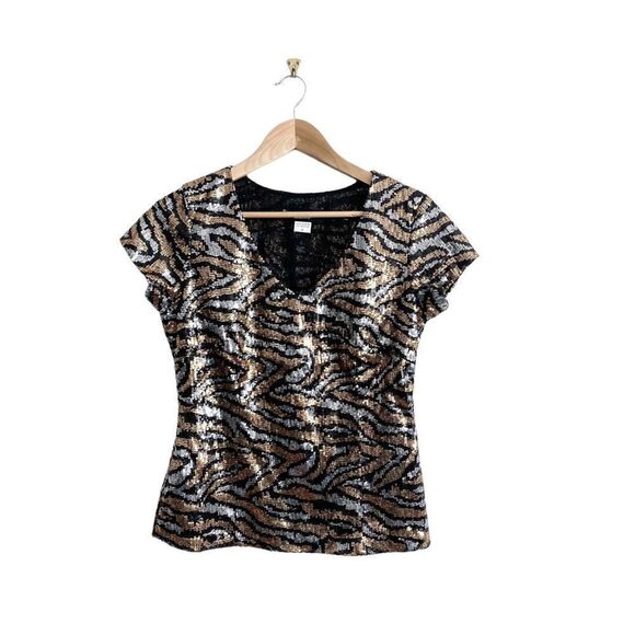 Bianca Nygard Petite Sequined Top Women's 6 V-Neck Gold Silver Cap Sleeves Lined - Picture 1 of 10
